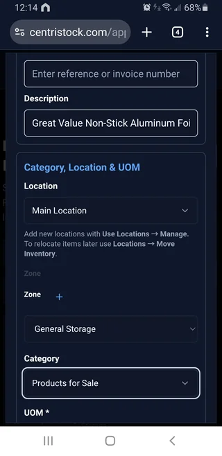 CentriStock mobile receive item form showing location, zone, and category fields