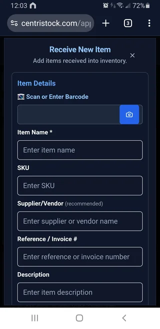 CentriStock mobile receive item form with barcode scan button and item fields