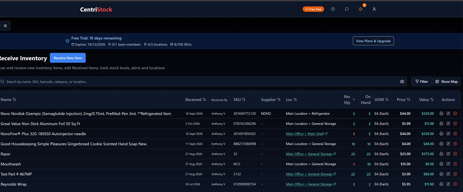 CentriStock receive inventory table showing item names, barcodes, quantities, locations, and stock values